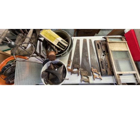 Various items incl. vintage tools, metalware, child's commode chair, fishing equipment in wicker basket, mopani bog wood, etc