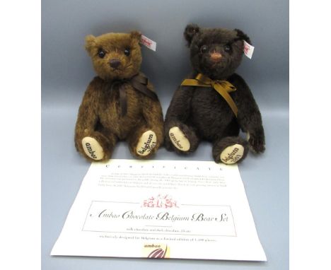 Steiff Ambao Chocolate Belgium Bear Set, pair of brown mohair teddy bears (missing their wooden box), H23cm, limited edition 