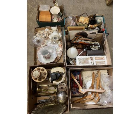 Various modern and vintage household items, incl. a modern decorative sand timer and globe, vinyl records, cotton reel holder