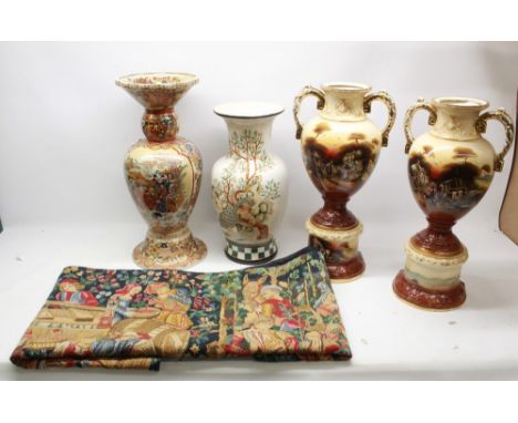 Medieval style wall tapestry, pair of urns decorated with pastoral scenes, and two large vases, max. H61cm (5) 
