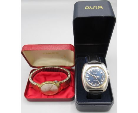 Avia Swissonic electronic stainless steel wristwatch with date, signed blue fume dial, applied baton indices, centre seconds,