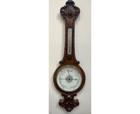 Victorian oak wheel barometer, applied carved moulding, 10" porcelain dial, detachable thermometer box, H112cm 