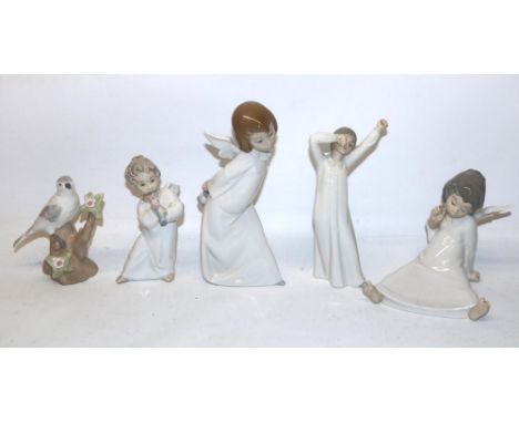 Three Lladro figures of angels, a Nao figure of a yawning child, and a Casades bird, max. H24cm (5) 