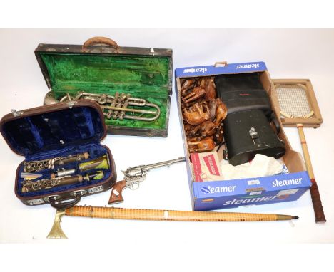 Mixed collectables incl, carved wooden elephants, cased trumpet, cased clarinet, two pairs of binoculars, etc 