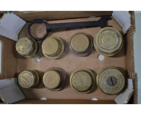 Eight vintage brass carriage wheel nuts to include Pearson (Stockton), Howcroft Carr Co (West Hartlepool), Peters &amp; Sons 