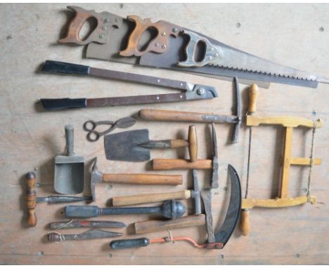 Selection of vintage tools, including saws, seed drillers, edging tools etc. 