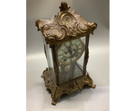 Ansonia Clock Co., New York, 20th century brass Rococo style four glass mantel clock, signed stepped two piece dial, visible 