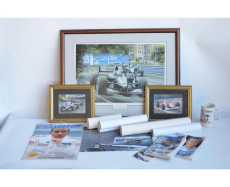 Collection of mostly David Coulthard related prints and books to include 'Victory At Monaco' framed limited edition print by 
