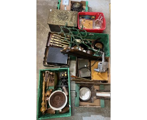 Various vintage and other household items, incl. a brass clad wooden coal box with embossed scenes, barometers, cast iron kit