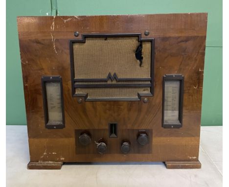 Art deco domestic radio, all Bakelite dials in good working order, Marconi 'M' speaker grill with small tear, age-related mar