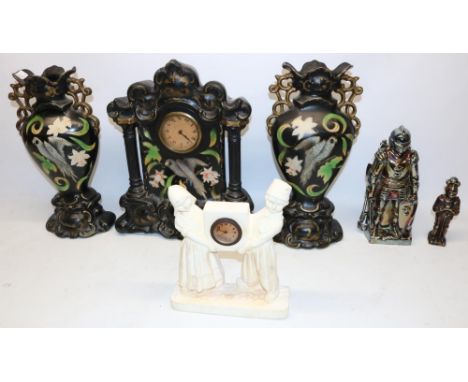 Late Victorian ceramic clock garniture decorated with birds and flowers, H48cm; Art Deco plaster mantle clock with figures of