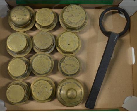 Twelve vintage brass carriage wheel nuts to include J Marsh (Boston), C Youngs (Wormegay), Wedgbury (Birmingham) etc. Largest
