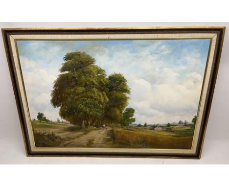 Jack R Mould (British 1925-1998); Figures walking in an extensive rural landscape, oil on canvas, signed, 60cm x 90cm 