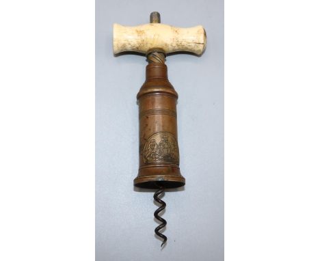 Victorian brass patent double helix corkscrew, applied Royal Coat of Arms, bone T shaped handle, lacking brush, max. L25cm 
