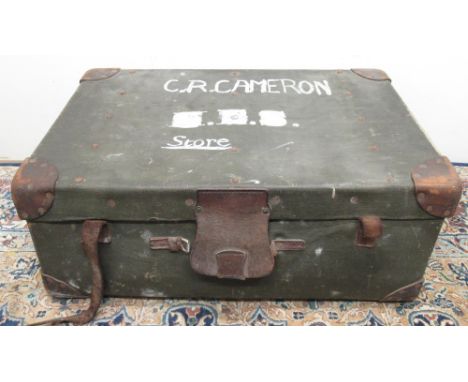 20th century green canvas and leather bound cabin trunk, lift out tray, L76cm and mid 20th century canvas and brass bound Pat