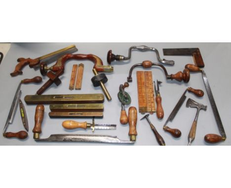 Collection of quality vintage woodworking tools. Draw knives, spirit levels, mortice gauge, braces, hand drill etc. 