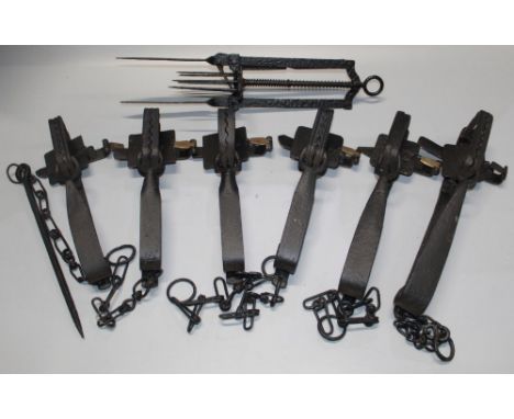 Collection of six large gin taps and unusual Spike drop mole tap. Largest gin tap 36cm long. Spike drop 44cm 