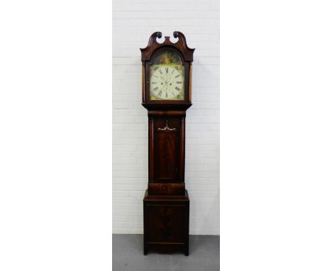 A 19th century Scottish mahogany long case clock the painted dial with Roman numerals and subsidiary dials inscribed Buchan o