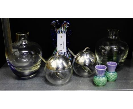 Two Caithness glass vases together with a pair of glass and Epns apple shaped condiment jars, a pair of pottery miniature Thi