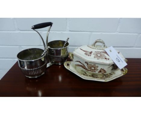 An Epns cream and sugar stand complete with sifters and ladle, together with a Staffordshire pottery Aesthetic pattern miniat