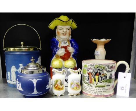 A mixed lot to include a Sailors Farewell motto lustre tankard, a Staffordshire Toby jug and cover, a Limoges candlestick, tw