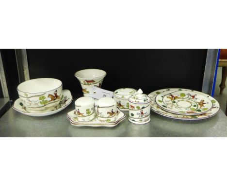 A collection of Coalport Hunting Scene porcelains to include a small vase, a condiment set comprising salt, pepper and mustar