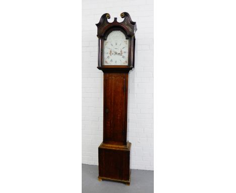 An 18th century oak cased Grandfather clock with a broken swan neck pediment over a painted dial, inscribed Alex R. Innes, Da