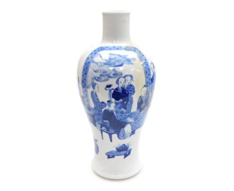 A Chinese porcelain blue and white baluster vase, decorated with figures and Buddhist emblems in an interior, four character 