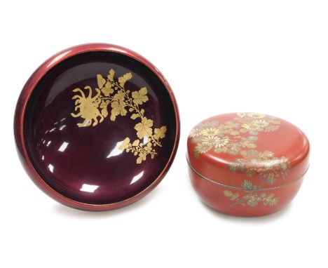A Japanese red lacquer natsume (tea caddy), with white metal rims, decorated with chrysanthemums, probably Taisho period; 20c