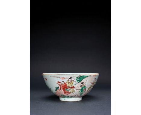 A CHINESE WUCAI 'EIGHT IMMORTALS' BIRTHDAY BOWL MID-17TH CENTURY The exterior enamelled with Shoulou sitting with his deer an
