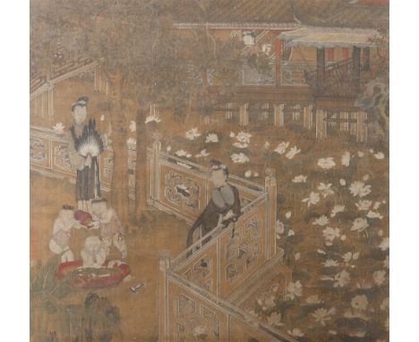 ANONYMOUS (QING DYNASTY) YOUNG LADIES AND BOYS BESIDE A LOTUS POND A Chinese painting, ink and colour on silk, together with 