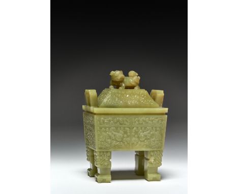 A FINE CHINESE YELLOW/GREEN JADE INCENSE BURNER AND COVER, FANGDING QING DYNASTY OR LATER Each side carved in shallow relief 
