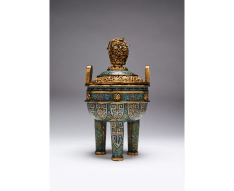A CHINESE IMPERIAL CLOISONNE TRIPOD INCENSE BURNER AND COVER, DING QIANLONG 1736-95 The exterior decorated with lappets conta