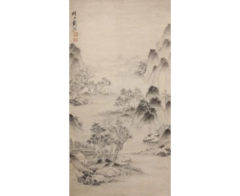 DAI XI (1801-1860) LANDSCAPE A Chinese scroll painting, ink on paper, signed Chun Shi Dai Xi, with two artist's seals, 102cm 