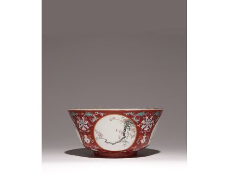 A LARGE CHINESE FAMILLE ROSE RUBY-GROUND 'FOUR SEASONS' MEDALLION BOWL QING DYNASTY/REPUBLIC PERIOD Painted with four roundel