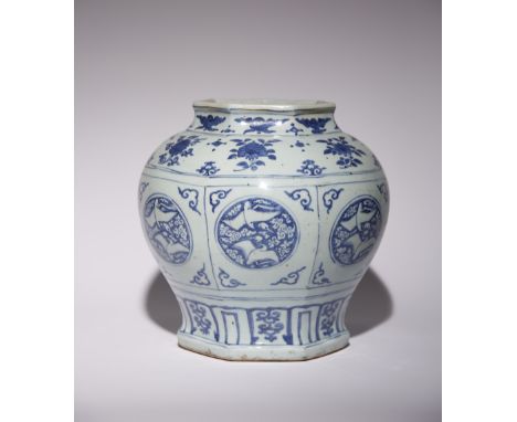 A CHINESE BLUE AND WHITE BALUSTER 'CRANES' VASE JIAJING 1522-66 The body painted with seven roundels within square panels, ea