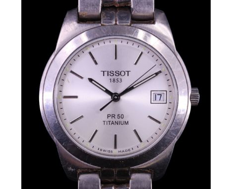 A Tissot PR 50 Titanium wristwatch, having a Swiss ETA three-jewel quartz movement, radially brushed silver face, baton hands