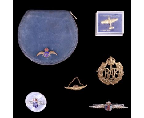 A group of RAF sweetheart brooches and badges together with a powder compact and a gold-plated Hurricane tie tack by Clivedon