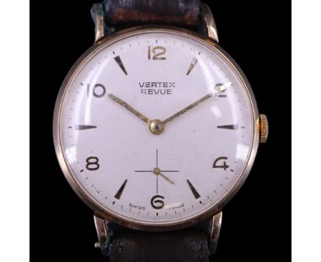 A 1970s Vertex Revue 9 ct gold wristwatch, having a crown-wound 17-jewel movement, silver face, gilt pencil hands, Arabic num