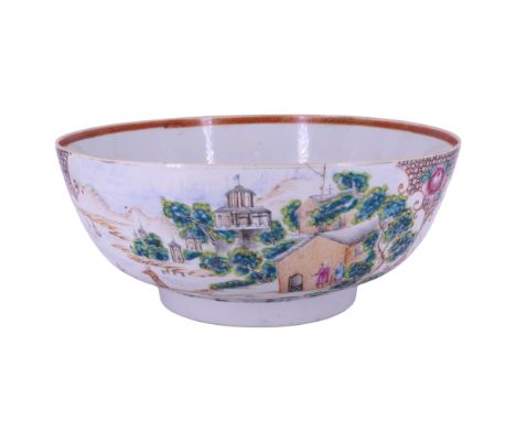 An 18th Century Chinese export Famille rose porcelain punch bowl, decorated in depiction of European settlements in China, wi