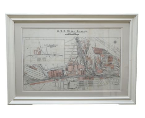 "G W R Works Swindon", a map of the Great Western Railway Works in Swindon, watercolour tinted engraving, dated 1849, in doub