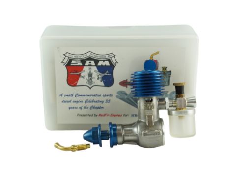 A boxed SAM 50 aero model aircraft engine, 0.5cc diesel, engine number 032, [made in Ukraine for Redfin Engines]