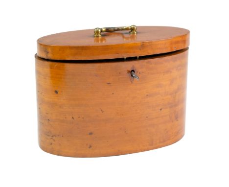 A Sheraton Revival satinwood tea caddy, of oval section, its hinged lid having a brass swan's neck bale handle, the interior 