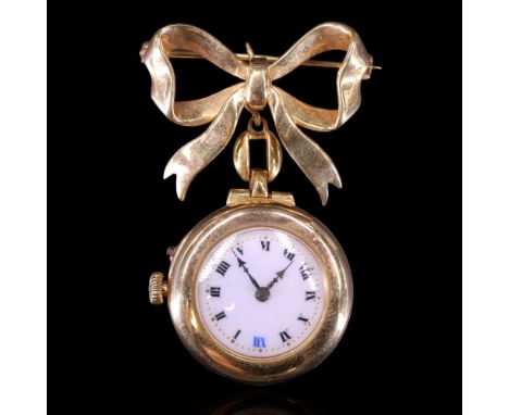 An antique lady's 9 ct gold fob watch, having a crown-wound and pin-set movement, its circular enamel face having Roman numer