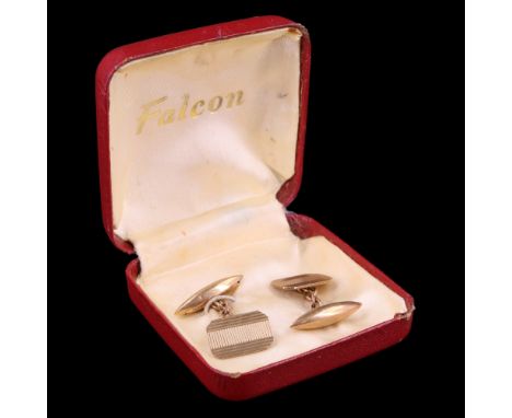 A pair of 1940s 9 ct gold cufflinks being engine-turned decorated, Birmingham, 1949, fronts 16 x 11 mm, 4.8 g overall