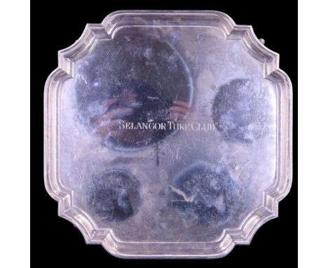 A 1952 silver square Chippendale style salver, engraved "Selangor Turf Club", Barker Brothers Silver Ltd, Birmingham, 1952, 3
