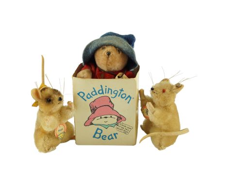 Two mid-20th Century Steiff Pieps plush mice together with a 1987 Eden Toys Paddington Bear in original carton, latter 11 cm