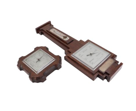 A 1940s-1950s oak banjo barometer together with one other aneroid barometer