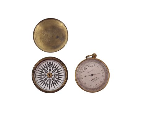 A Victorian pocket aneroid barometer and thermometer by Dobell of Hastings, 47 mm (excluding stem and bow), (a/f), together w
