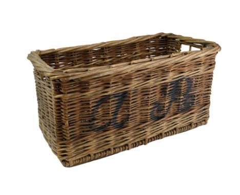A vintage wicket bottle or similar basket, marked "a R", 50 cm x 28 cm x 25 cm
